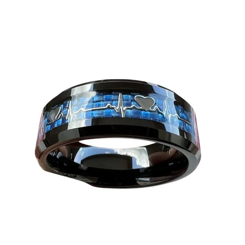 Tungsten Steel Carbide & Blue Carbon Inlay Heartbeat EKG Design statement Ring
